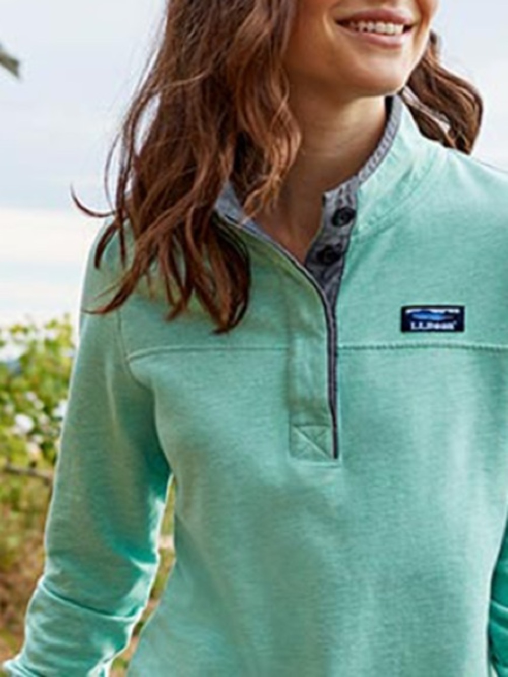 L.L.Bean Seafoam Green Half-button Pullover with Contrast Trim and High Collar.